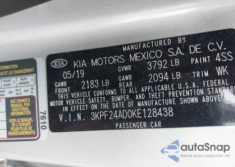 2019 Kia Forte Lxs из США, поврежденный, VIN 3KPF24AD0KE128438